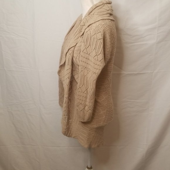 ⭐last CHANCE ⭐ Open front cardigan sweater crochet cascading 3/4 sleeve M tan - Picture 5 of 12